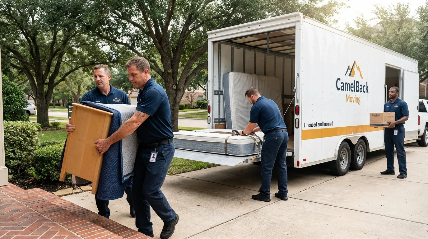 Crew loading residential truck for cross-state move from Overton, TX