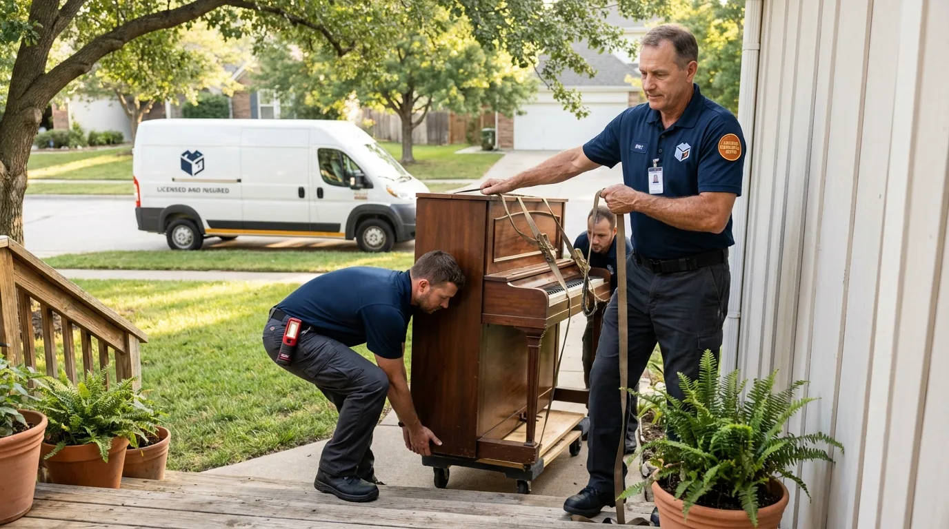 Licensed piano movers securing grand piano in Overton, TX